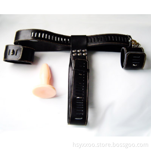 Leather Bondage Restraint Harness With Vibrator Anal Plug Panties Butt Plug and thigh cuff ,Male Chastity Device Underwear